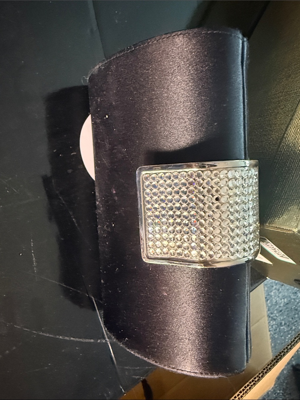 Black Satin Evening Clutch with Crystal Accent